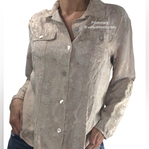 Chico’s Silk Jacket Gold Jacquard Sz 2 Large Lagenlook Classic Minimalist - Picture 3 of 15